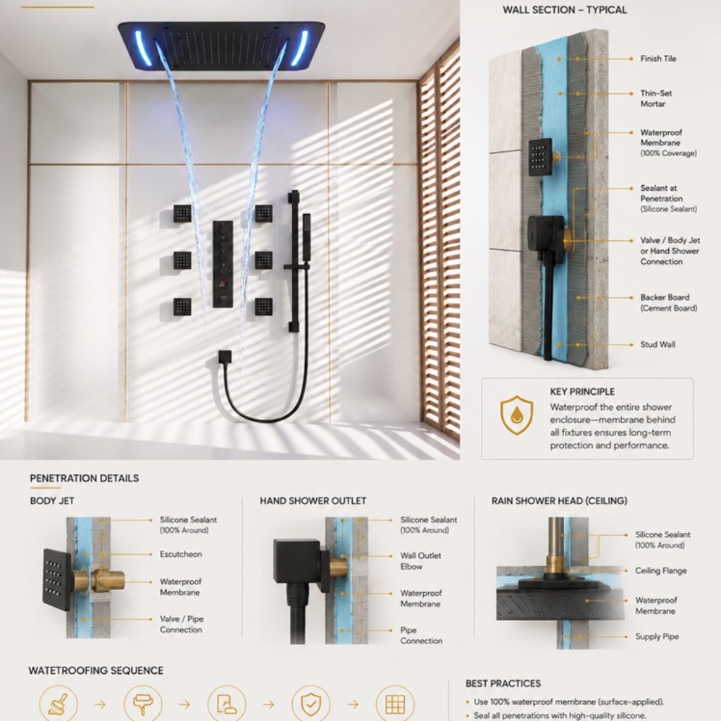 Fontana large rain shower head waterproofing and penetration detail showing ceiling opening, waterproof membrane, penetration collar, escutcheon, sealant, moisture zones, wall penetration and service access